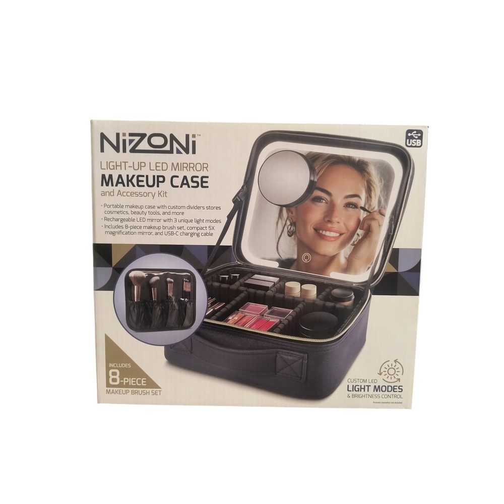 Nizoni Light-Up LED Mirror Makeup Case INCLUDES 8-Piece‎ Brush Accessory Kit BlK